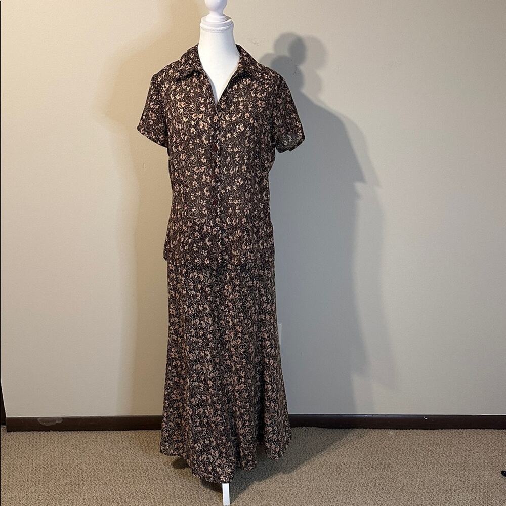 Rena Rowan Brown and Cream Floral Skirt Set - size 8